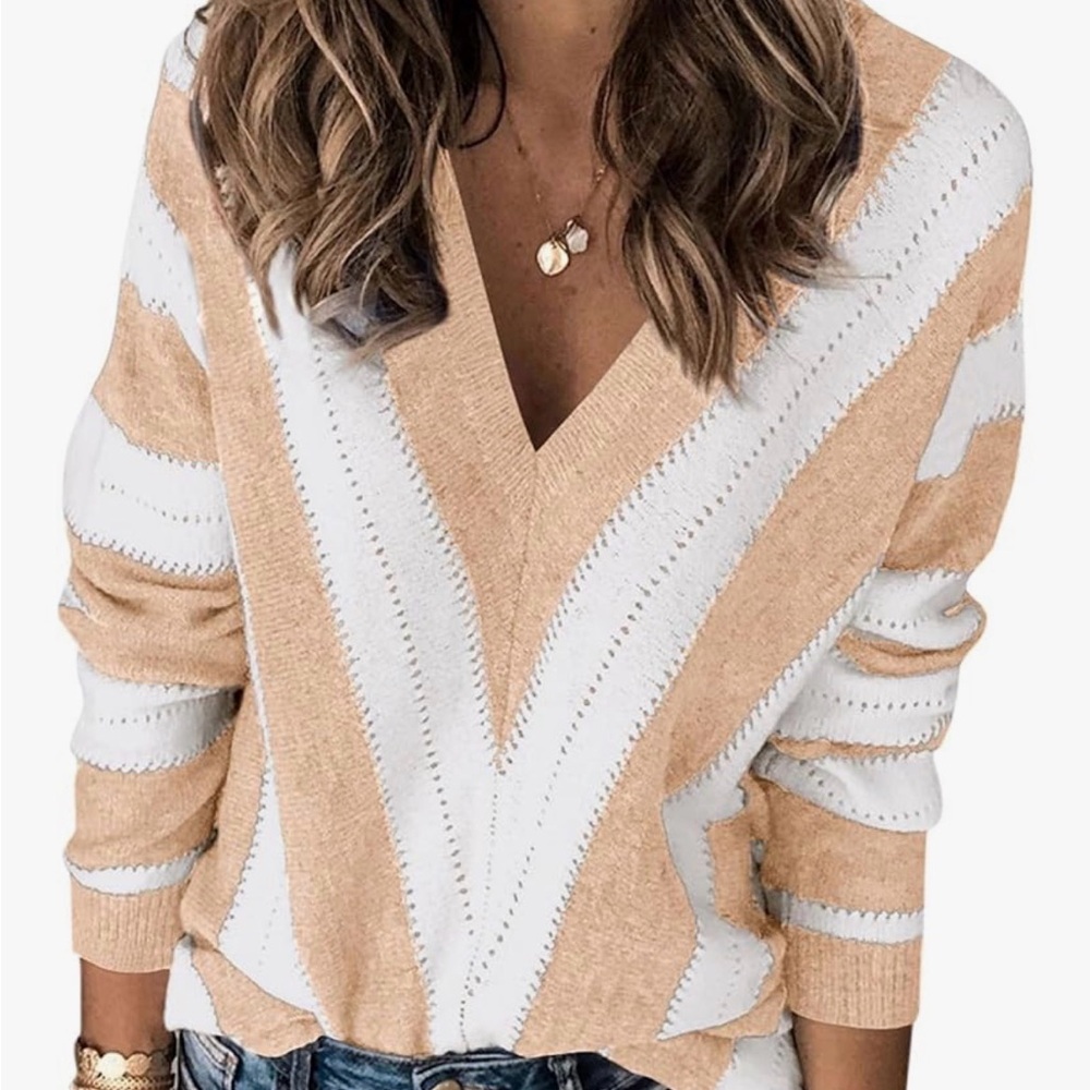V-Neck Striped Knit Sweater - Khaki & White